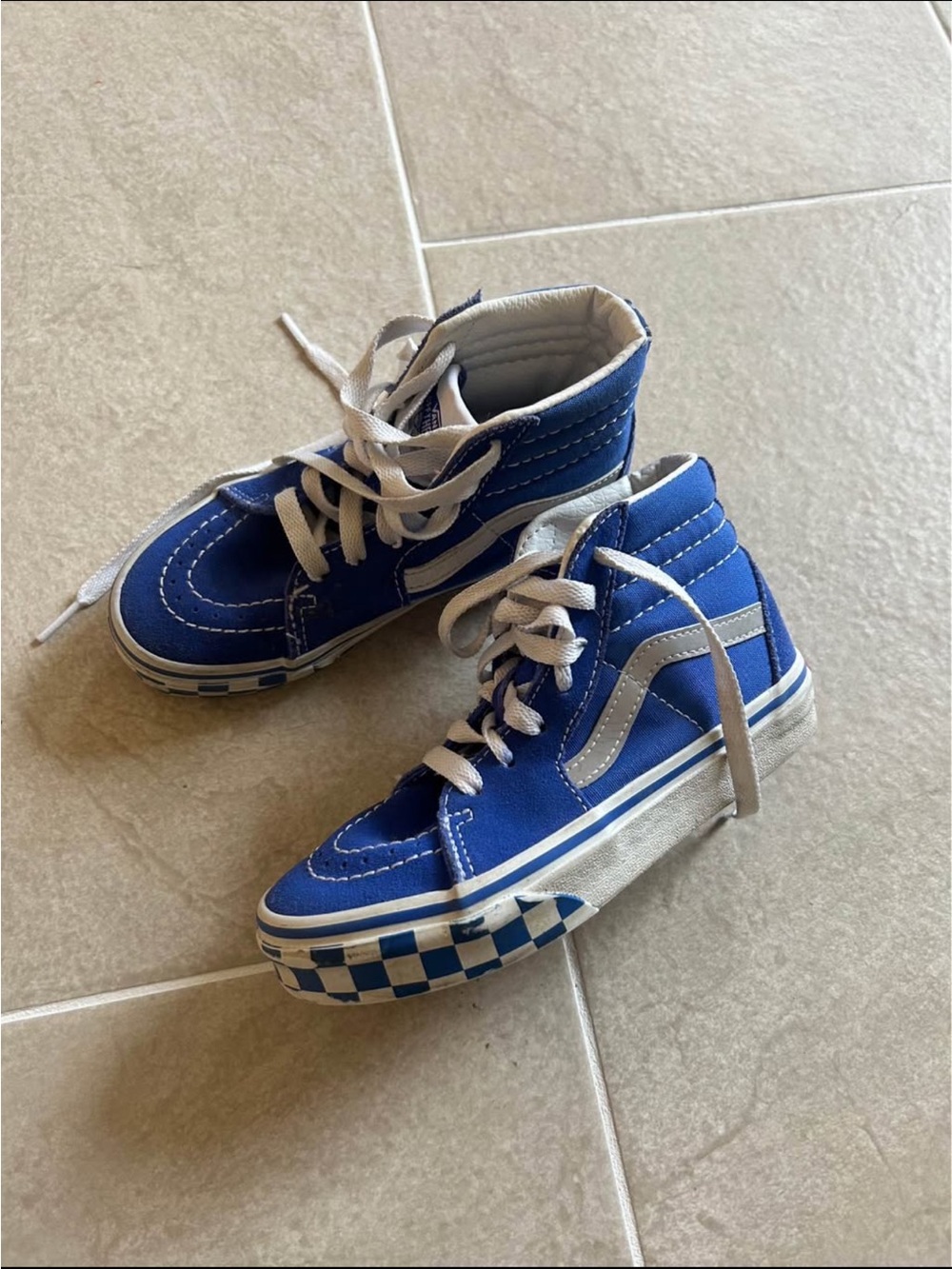 Vans Kids Blue High-Top Skate Sneakers with White Stripe - little kids 12.5